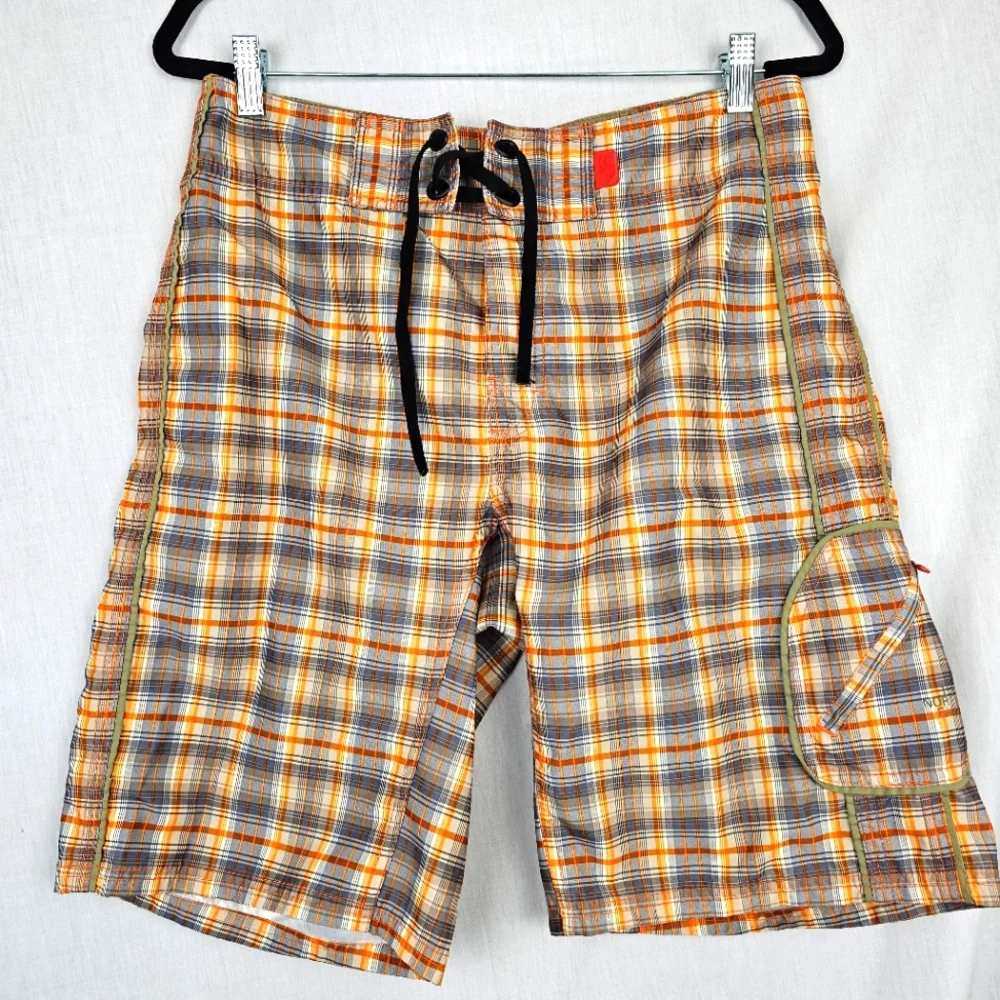 The North Face Board Shorts Orange Gray White Plaid Unlined Men's Size 32